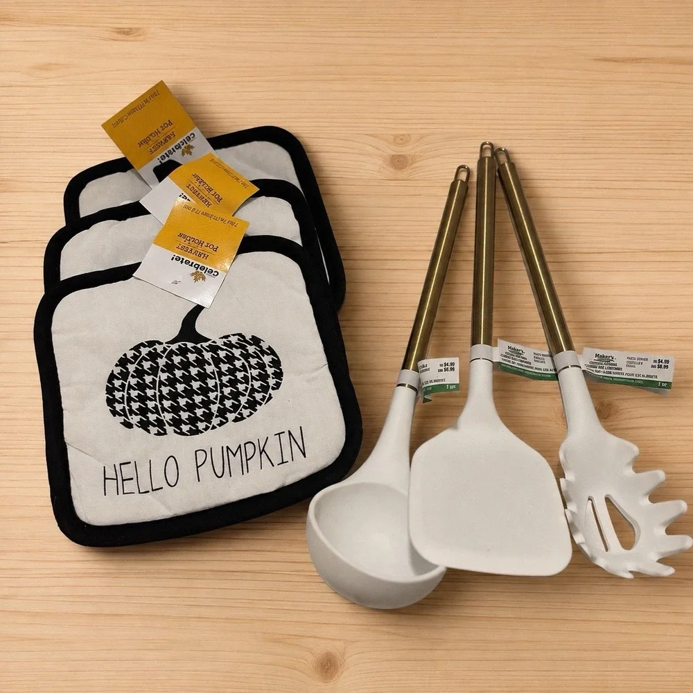 Celebrate It Hello Pumpkin Potholders Makery Gold Utensils Fall Set 6pc New[i]